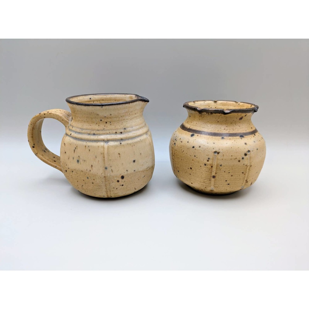 Vintage Signed Studio Pottery Stoneware Pitcher and Vase Matte Speckle Glaze